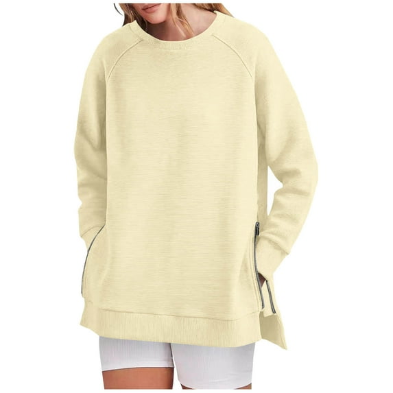Tops for Women Solid Color Side Zipper Round Neck Long-sleeved Pullover Loose Casual Sweatshirt,Womens Tops Beige