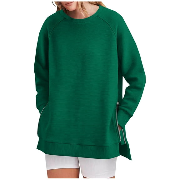 Tops for Women Solid Color Side Zipper Round Neck Long-sleeved Pullover Loose Casual Sweatshirt,Womens Tops Green