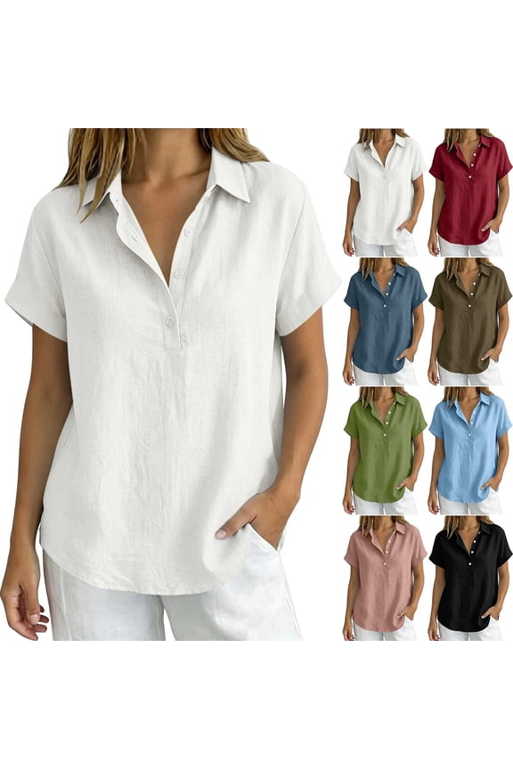 Tops for Women Solid Cotton Linen Collared Partial Button Popover Blouse Short Sleeve Loose Shirts for Business Office Daily