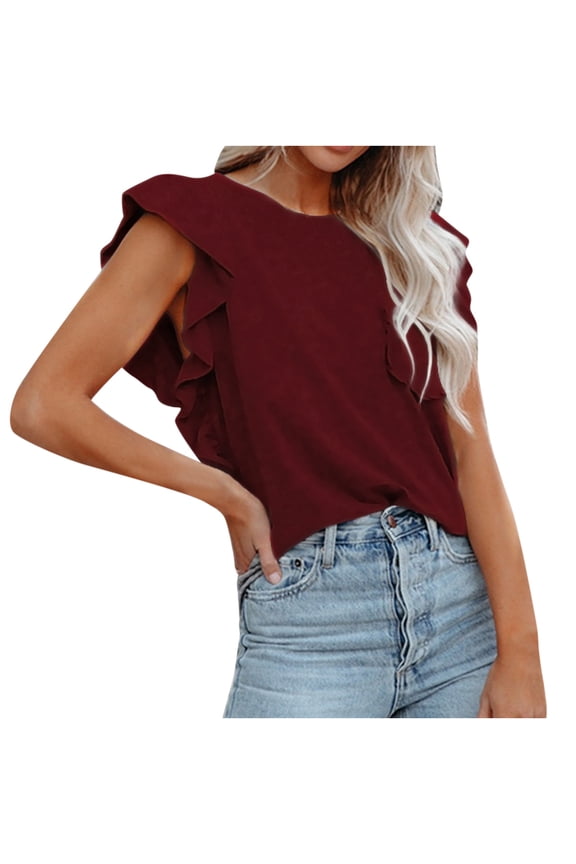 Tops for Women Solid Double Layer Ruffle Short Sleeve Tees T-shirt Ladies Beach Blouse Tunic Tops Women's Summer Clothes