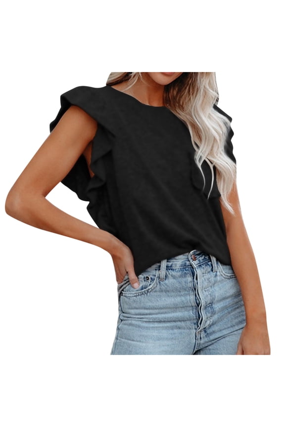 Tops for Women Solid Double Layer Ruffle Short Sleeve Tees T-shirt Ladies Beach Blouse Tunic Tops Women's Summer Clothes