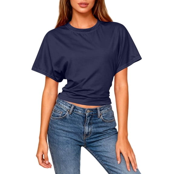 Tops for Women Solid Short Sleeve Round Neck Backless Batwing Sleeve Crop Blouse Navy L