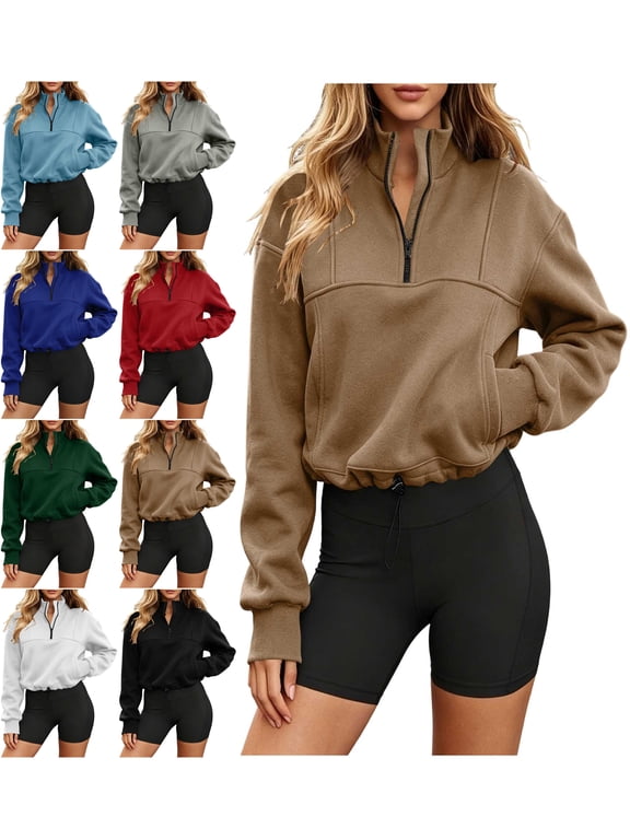 Tops for Women Spring/Fall Fashion Casual Long Sleeve Hoodless Sweatshirt Zipper Pocket