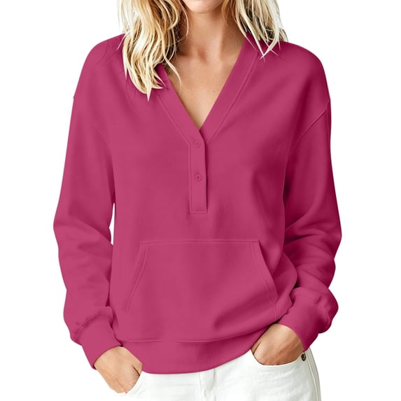 Tops for Women Spring/Fall No-Hood Button-Down V-Neck Pocket Long-Sleeve Sweatshirt