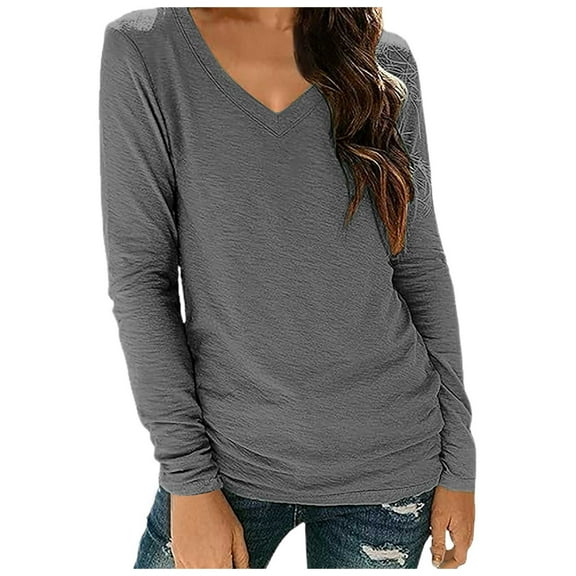 Tops for Women Spring Fall Trendy Solid Color V-Neck Long Sleeved Tee Shirts Stretch Comfy Relaxed Fit Workout Tunic Blouses
