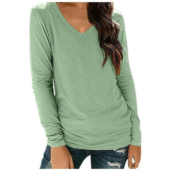 Tops for Women Spring Fall Trendy Solid Color V-Neck Long Sleeved Tee Shirts Stretch Comfy Relaxed Fit Workout Tunic Blouses