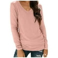 thumbnail image 1 of Tops for Women Spring Fall Trendy Solid Color V-Neck Long Sleeved Tee Shirts Stretch Comfy Relaxed Fit Workout Tunic Blouses, 1 of 6