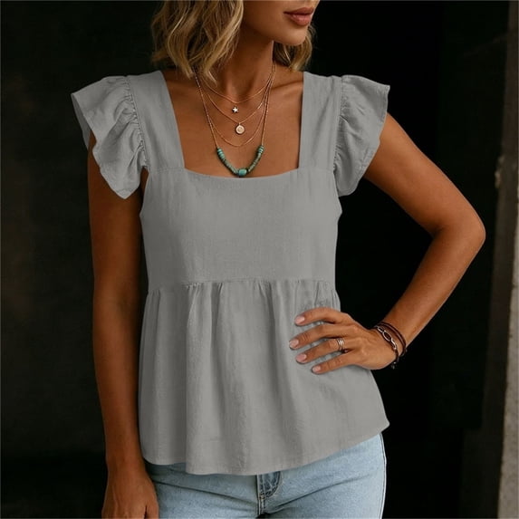 Tops for Women Square Neck Cotton Linen Blouse Ruffle Sleeves Peplum Top Sweet Casual Summer Clean Outfits Gray XL