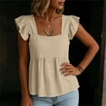 thumbnail image 1 of Tops for Women Square Neck Cotton Linen Blouse Ruffle Sleeves Peplum Top Sweet Casual Summer Clean Outfits Khaki M, 1 of 8