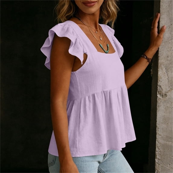 Tops for Women Square Neck Cotton Linen Blouse Ruffle Sleeves Peplum Top Sweet Casual Summer Clean Outfits Purple 2XL