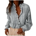 thumbnail image 1 of Tops for Women Striped Button-Down Classic Plaid Shirt Roll-Up Sleeves Turn-Down Collar Top Womens Blouse Plus Size Dark Gray XXL, 1 of 5