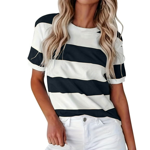 Tops for Women Striped Color Block Crew Neck Short Sleeve T-Shirts 2025 Fashion Summer Casual Loose Basic Tee Blouses