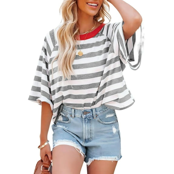 Tops for Women Striped Fashion T Shirts for Women Color Block Crewneck Design Loose Basic Tee