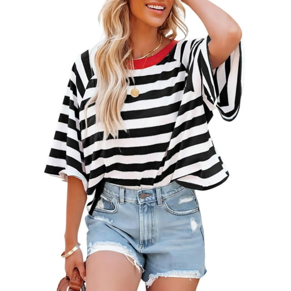 Tops for Women Striped Fashion T Shirts for Women Color Block Crewneck Design Loose Basic Tee