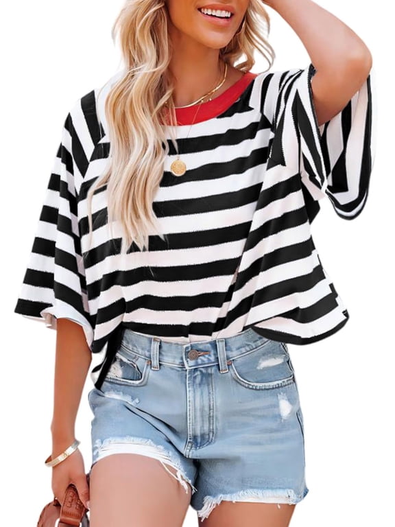 Tops for Women Striped Fashion T Shirts for Women Color Block Crewneck Design Loose Basic Tee