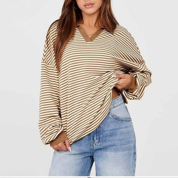 Tops for Women Striped Long Sleeved Lapel V-Neck Casual Fall Top,Womens Sweatshirts Khaki