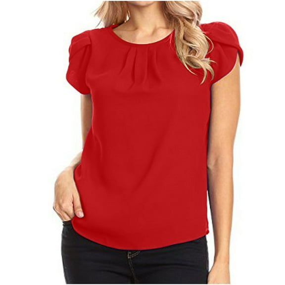 Tops for Women Summer 2025 Chiffon Petal Sleeve Top Solid Color Dressy Casual Blouses Short Sleeve Round Neck Tees