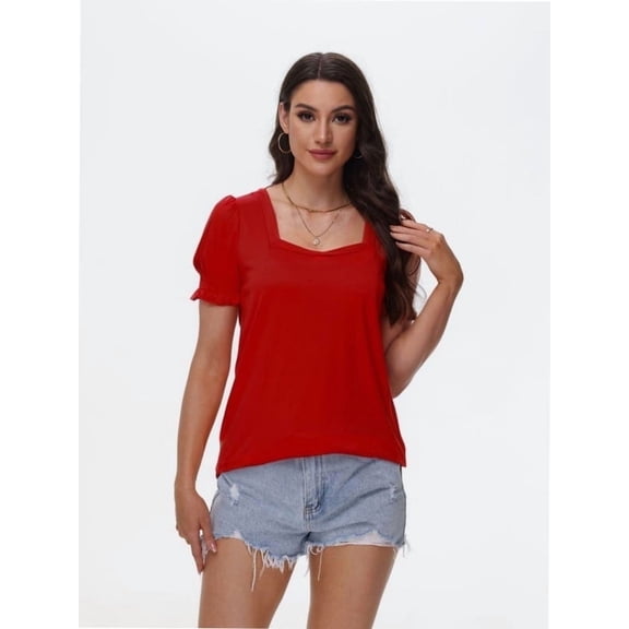 Tops for Women Summer Casual Ruffle Trim Sleeve Square Neck T Shirts