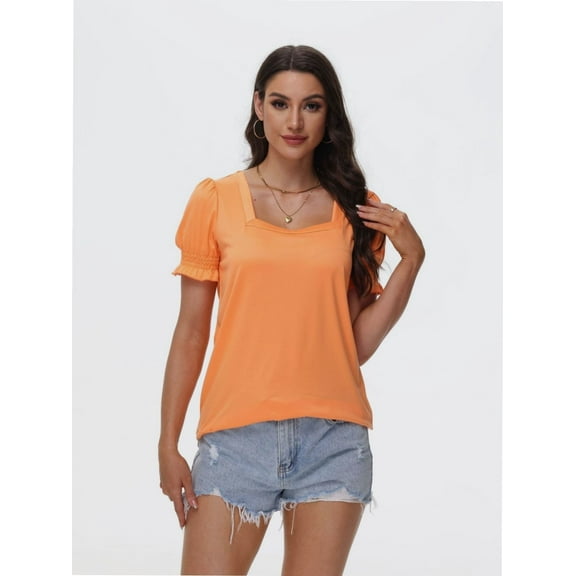 Tops for Women Summer Casual Ruffle Trim Sleeve Square Neck T Shirts