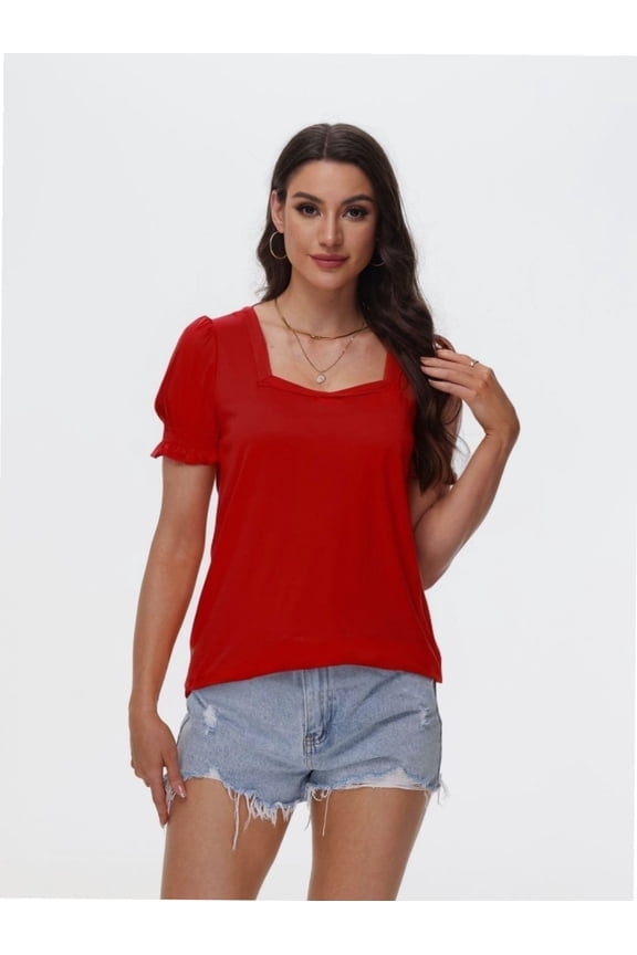 Tops for Women Summer Casual Ruffle Trim Sleeve Square Neck T Shirts