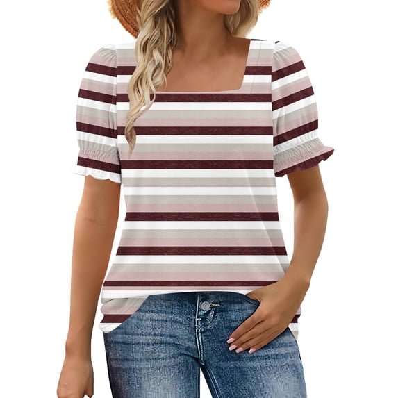 Tops for Women Summer Casual Ruffle Trim Sleeve Square Neck T Shirts