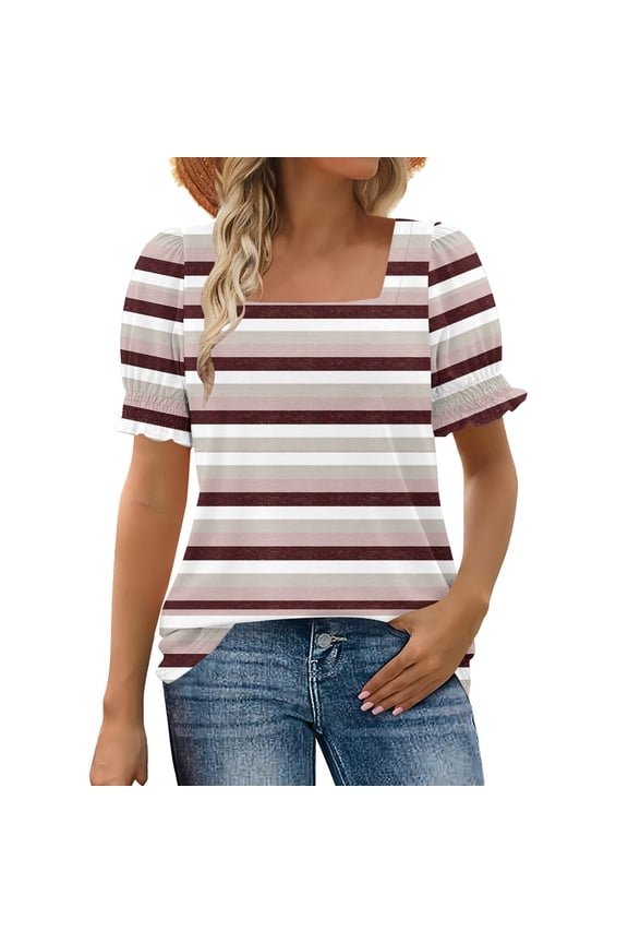 Tops for Women Summer Casual Ruffle Trim Sleeve Square Neck T Shirts