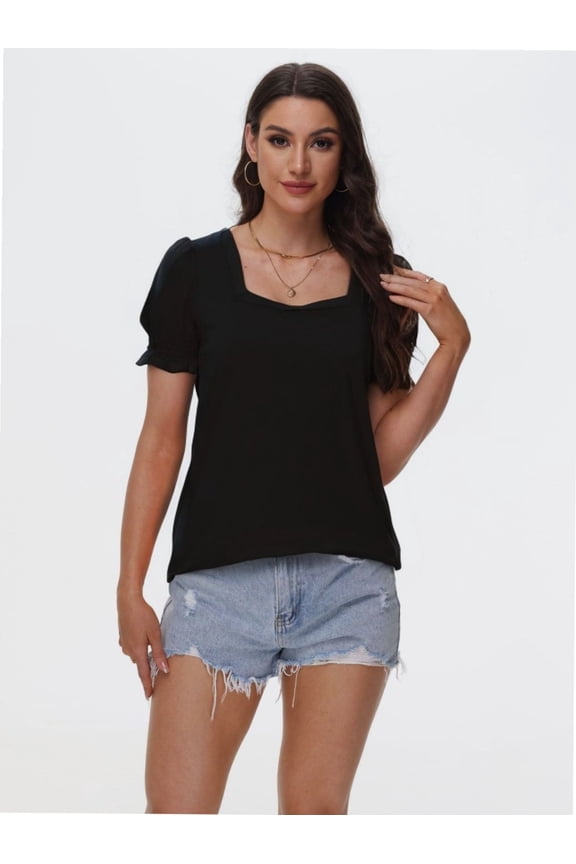 Tops for Women Summer Casual Ruffle Trim Sleeve Square Neck T Shirts