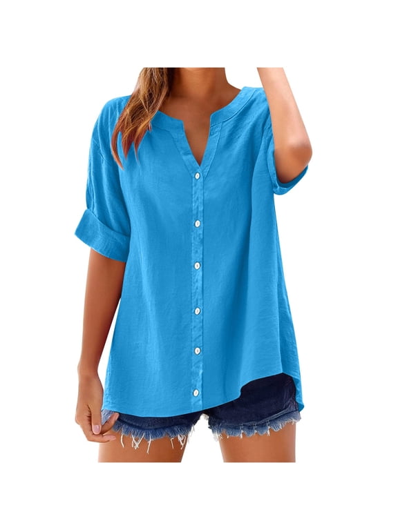 Tops for Women Summer Cotton Button Down Tops Casual Plus Size Solid Color Tunic Blouses Vacation Beach Wear