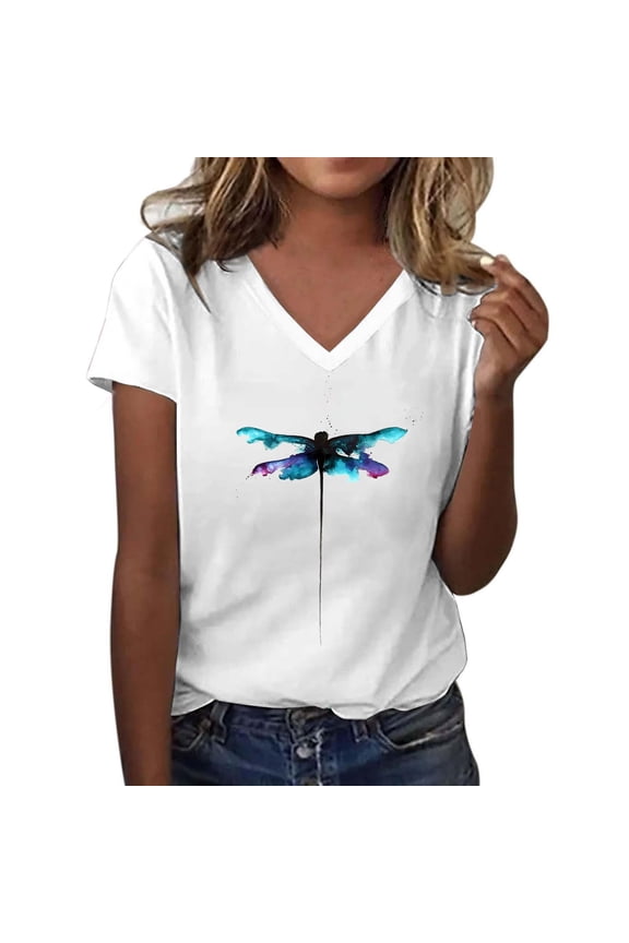 Tops for Women Summer Short Sleeve V Neck Dragonfly Graphic Casual Print Dressy Blouse White L