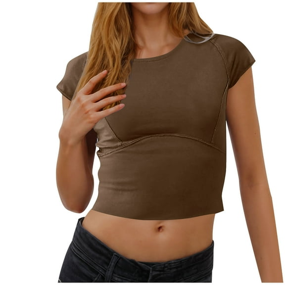 Tops for Women Summer Solid Color Short Sleeve Crop Shirts Round Neck Short Tshirts Casual Loose Blouse Going Out Tees Comforty Trendy Clothing