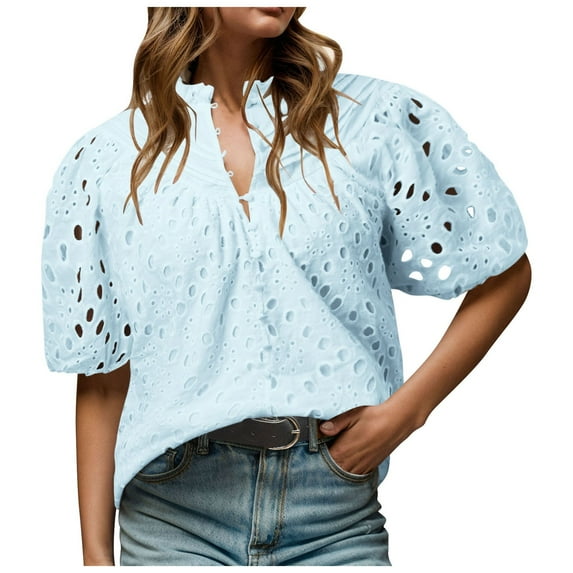 Tops for Women Summer Tops, Eyelet Blouse for Women Hollow Out Lace Top Embroidered Blouses, V Neck Button Puff Sleeve