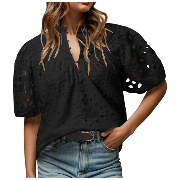 Tops for Women Summer Tops, Eyelet Blouse for Women Hollow Out Lace Top Embroidered Blouses, V Neck Button Puff Sleeve