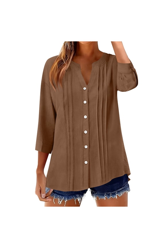 Tops for Women Summer V Neck Pleated Front Shirts 3/4 Sleeve Tunic Tops Loose Fit Blouse Brown M
