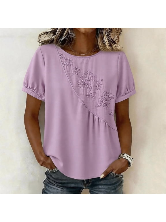 Tops for Women Summer Vintage Solid Color Short Sleeve Cotton Shirts Casual Oversized Round Neck Boho Blouse Purple M