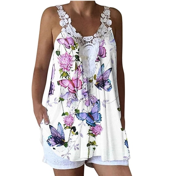 Tops for Women Tank Tops Vintage Printed Lace Crewneck Sleeveless Shirts Blouse Beach Vest Women's Summer Clothes