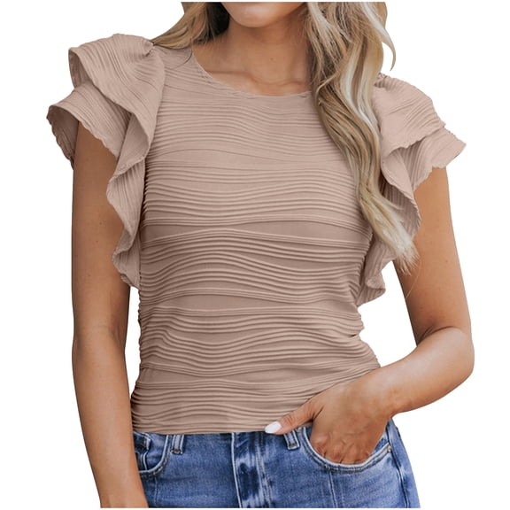 Tops for Women Textured Ruffle Edge Round Neck Pullover Comfortable Breathable Short Sleeve Fashion Top