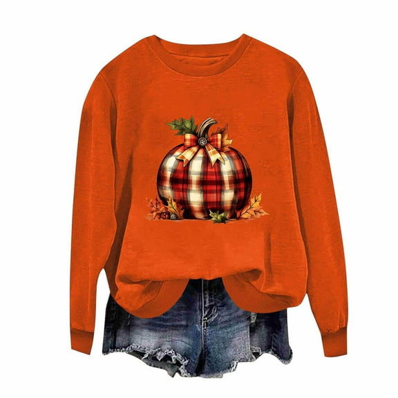 Tops for Women Thanksgiving Day Pumpkin Hoodless Round Neck Printed Long Sleeve Sweatshirts,Womens Sweatshirts Orange
