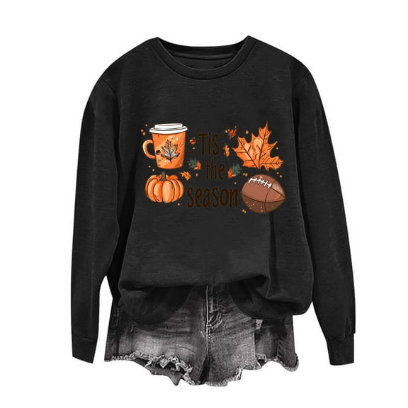 Tops for Women Thanksgiving Printed Loose Casual Long Sleeved Sweatshirt,Womens Sweatshirts Black