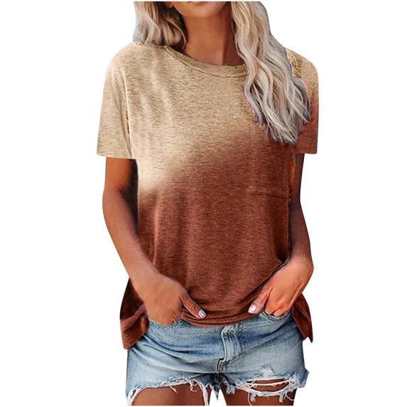 Tops for Women Tie-dye Pocket Crewneck Short Sleeve Tees T-shirt Ladies Beach Blouse Tunic Tops Women's Summer Clothes