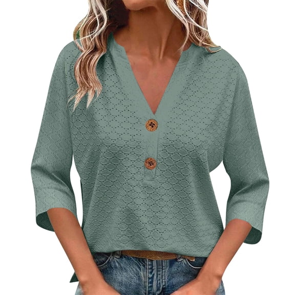 Tops for Women Trendy 3/4 Sleeve Eyelet V Neck Casual Lightweight Breathable Trendy Tops