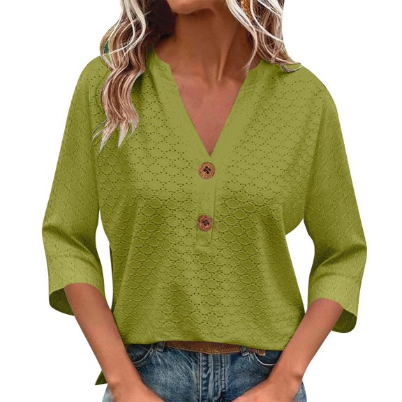 Tops for Women Trendy 3/4 Sleeve Eyelet V Neck Casual Lightweight Breathable Trendy Tops