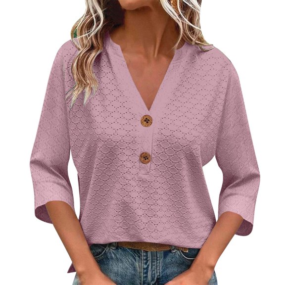 Tops for Women Trendy 3/4 Sleeve Eyelet V Neck Casual Lightweight Breathable Trendy Tops