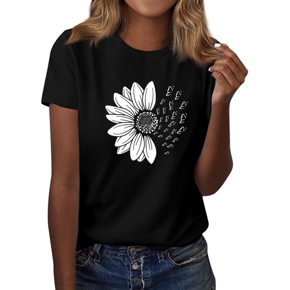 Tops for Women Trendy Casual Round Neck Short Sleeve Top Floral Print Tees Vintage Shirt Loose Lightweight Blouses100% cotton