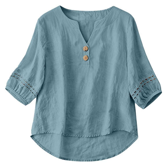 Tops for Women Trendy Cotton Linen Pleated 3/4 Sleeve Casual Solid Trendy Tops