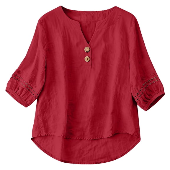 Tops for Women Trendy Cotton Linen Pleated 3/4 Sleeve Casual Solid Trendy Tops