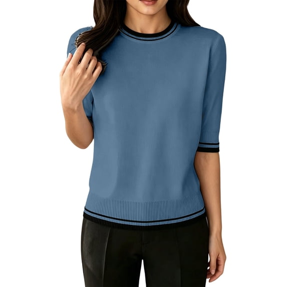 Tops for Women Trendy Elegant Color Round Neck Short Sleeve Plus Size Womens Clothing,Blue,2XL