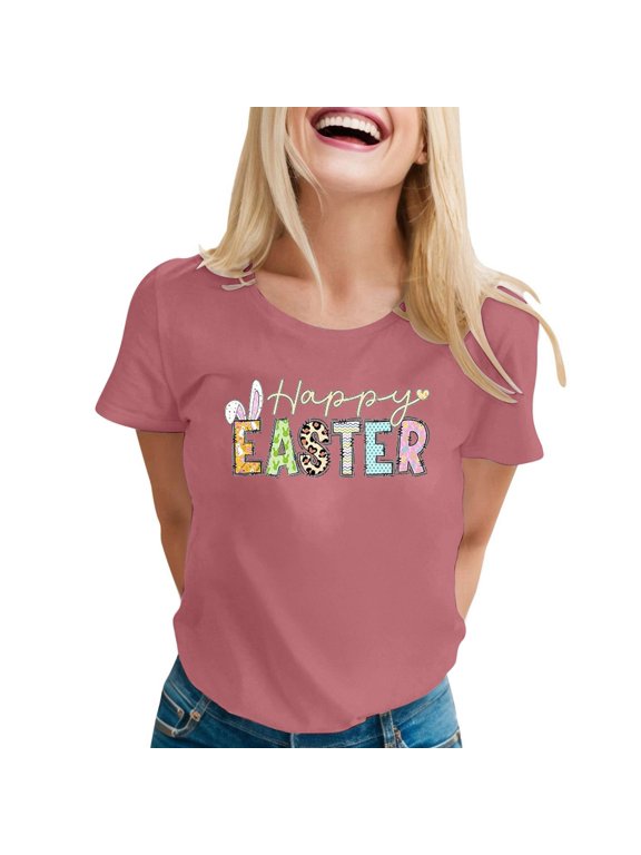 Tops for Women Trendy Fashion Easter Print Round Neck Short Sleeve Crop Tops for Women,Pink,L