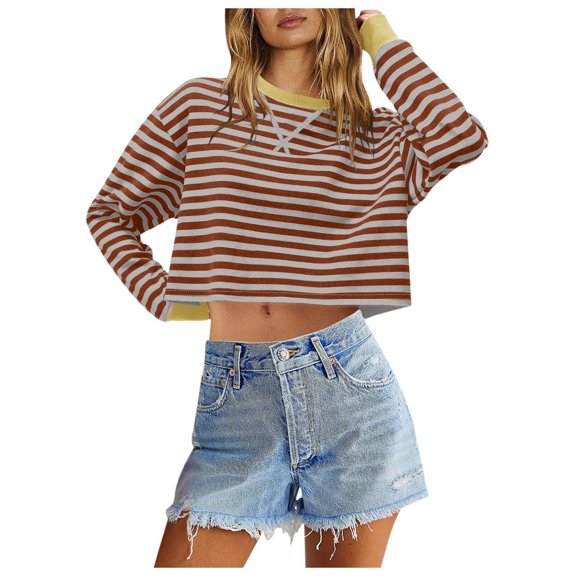 Tops for Women Trendy Going Out Fall Slim Fitted Crew Neck Long Sleeve Puff Off the Shoulder Cropped Striped Leisure Cotton Tunic Tops(Red,XL)