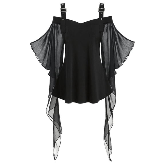 Tops for Women Trendy Gothic Lace-Insert Butterfly-Sleeve Plus-Size Design stretchy casual Cute Tops Black XXL