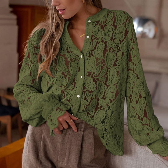 Tops for Women Trendy Gsakboxl Fall Fashion Long Sleeve Button Up Blouse Elegant Lace Decorated Casual Shirt for Daily & Party Wear Summer Tops